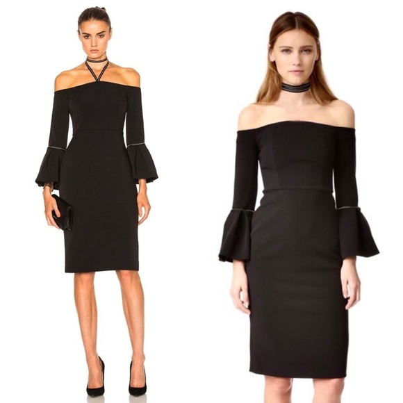 ALEXIS Off Shoulder Embroidered Trim Flared Bell Sleeve Crepe Sheath Dress XS - Picture 4 of 10